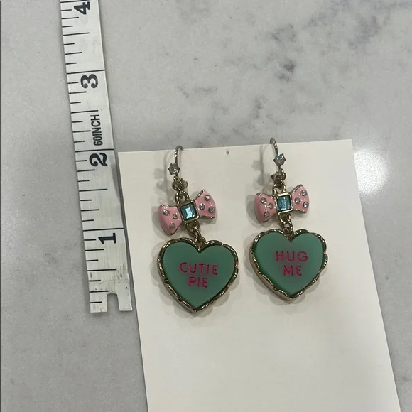 Betsey Johnson Heart Shaped Earrings with Pink Bow - Picture 5 of 5
